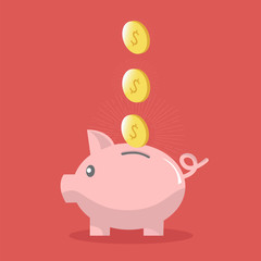 Flat icon piggy bank isolated with coin of dollar on Blue background. Vector illustration.