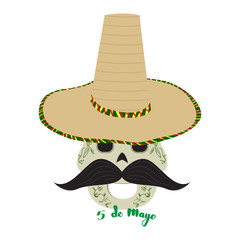 Happy mexican skull with a traditional hat. Cinco de mayo. Vector illustration design