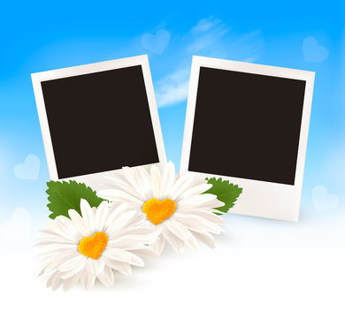 Two daisies with heart shaped middles and photos. Happy Valentine's Day background. Vector.