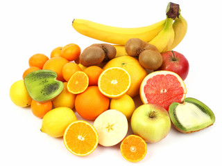 Naklejka na ściany i meble different fruit whole and sliced on white background