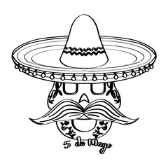 Sketch of a happy mexican skull. Cinco de mayo. Vector illustration design