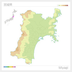 宮城県の地図（等高線・色分け）