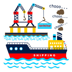 cargo ship cartoon in a port