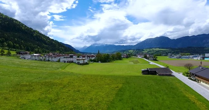 AERIAL - Flight with the DJI Phantom 4 in the area W&radic;&part;rgl Tirol with view on the surrounding landscape and the mountains