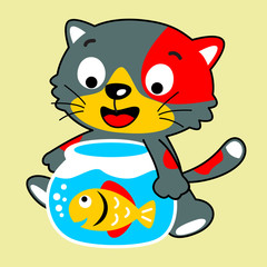 little kitten cartoon with fish in jars