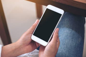 Mockup image of hands holding white mobile phone with blank desktop screen