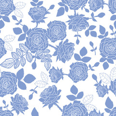 Seamless floral pattern with roses silhouette blue colored 