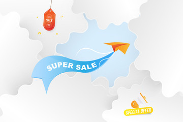 Banner for web page. Special offer Super Sale 50% Plane with a ribbon on the background of clouds cut out of paper. Concept with loudspeaker and label.