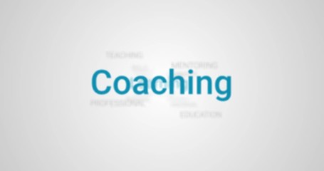 Video Animation showing coaching services (e.g. development, training, education). Gray background, blue text. Tag Cloud