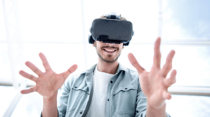 VR headset for business experience, curious man