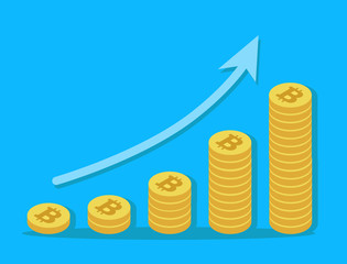 New Flat cartoon pile of cash and bitcoin coin. Profit,benefits money or budget,rising graph arrow up,business success concept,economic and market growth,investment revenue,capital earnings.