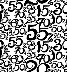 Black numbers and percent sign. Seamless pattern consisting of handwritten numbers of percent discounts. Template for advertising, sales, black friday.