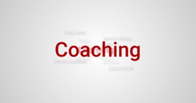 Video Animation showing the coaching service (e.g. education, training, development). Gray background, red text. Tag Cloud