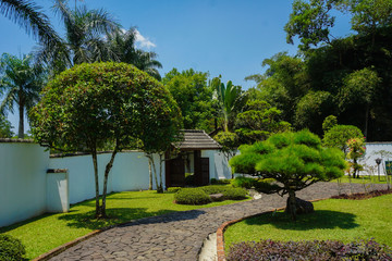 a japanese road or pathway on the garden with rock or stone structure with green tree and bonsai - photo