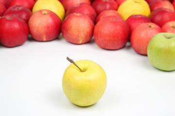 Yellow Apple on a background of red apples on white background