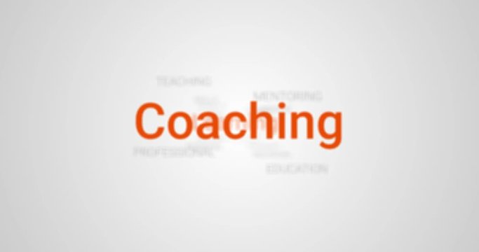 Video Animation showing coaching services (e.g. learning, teaching, mentoring). Gray background, orange text. Tag Cloud