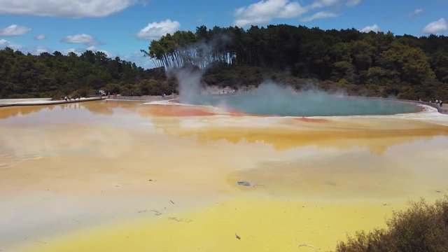 Pan across blue and yellow thermal lakes at Wai O Tapu in Rotorua, New Zealand. 4k