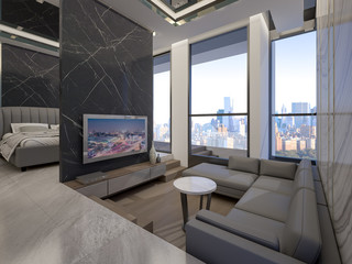 Luxury sunken lounge with cityscape ,3d rendering