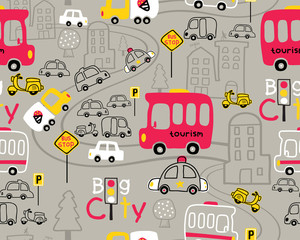 Fototapeta na wymiar Seamless pattern vector with vehicles cartoon in city road