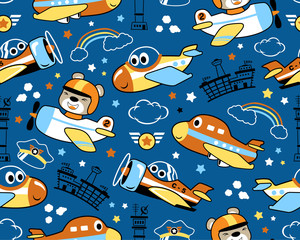 seamless pattern vector of planes cartoon with funny pilot
