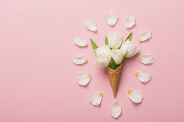 Flat-lay waffle cone with white flower blossom