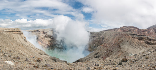 Fototapeta na wymiar Volcanic gases coming out of Mt Aso Nakadeke Crater
