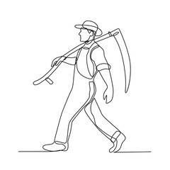 Continuous line illustration of an organic farmer walking carrying a scythe viewed from side done in black and white monoline style.
