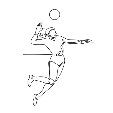 recommend clip art: Continuous line illustration of female volleyball player jumping and spiking the ball viewed from side done in black and white monoline style.