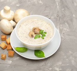 Champignon mushroom cream soup in bowl on gray background.  
