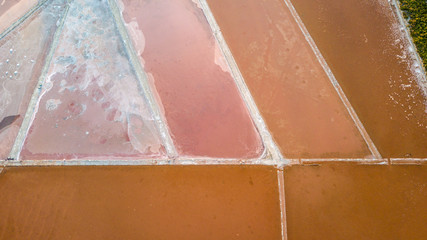 Earth's line. A drone vertical perspective of the ground's colors and shapes. Salt flats at Colonia...