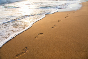 beach, wave and footprints at sunset time