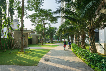 Urban walking road among green trees inside modern apartment building area in big city