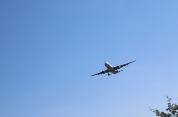 Fototapeta na wymiar Scenery of airplane flying in clear blue sky of sunny day. The best mean of transportation in modern world. 