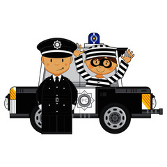 Cute Cartoon Policeman and Police Car with Classic Style Robber 
