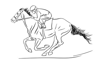 Jockey racing on a horse, vector sketch.