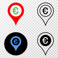 Euro map marker EPS vector icon with contour, black and colored versions. Illustration style is flat iconic symbol on chess transparent background.