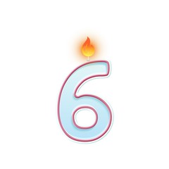Candle number six. 6 symbol. Burning candle. Cartoon realistic vector candle number for Birthday cakes