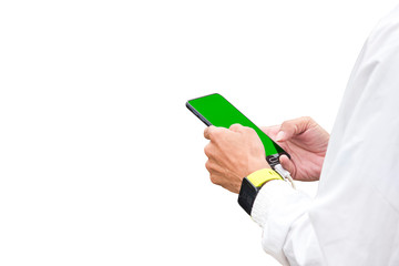 Men's hand holding Mobile phone Save images and video clips.