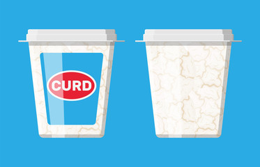 Cottage cheese in plastic box isolated on blue.