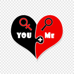 You Plus Me. Love. Black and Red Puzzle Heart - obrazy, fototapety, plakaty