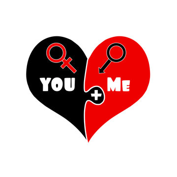 You Plus Me. Love. Black and Red Puzzle Heart