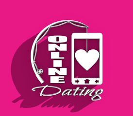 Online dating app concept with fishing rod and heart. 3D rendering