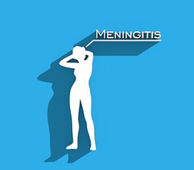 Young lady rise her hands to head. Meningitis text. Silhouette of woman suffering from head migraine. Stressed exhausted young woman having strong tension headache. 3D rendering