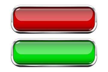Red and green glass buttons. Web 3d shiny rectangle icons with chrome frame