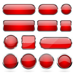 Red glass buttons with metal frame. Collection of 3d icons