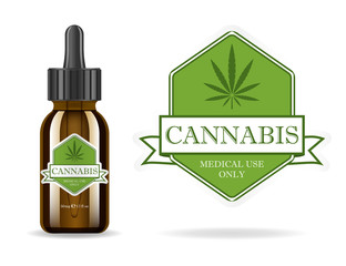 Marijuana, cannabis, hemp oil. Realistic brown glass bottle with cannabis extract. Icon product label and logo graphic template. Isolated vector illustration.