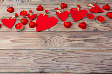 Valentines day red heart on old wood. Holidays background.