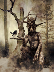 Fantasy scene with a tree man holding a small bird in his hand. 3D render.