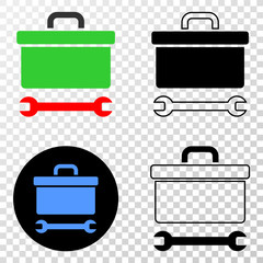 Toolbox wrench EPS vector pictogram with contour, black and colored versions. Illustration style is flat iconic symbol on chess transparent background.
