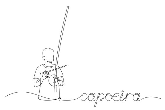 Man playing at berimbau. Capoeira fighter contour Isolated on white. vector illustration